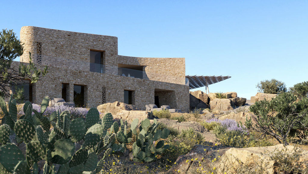 Petrothalassa Villas outside side shot with surrounding cactuses and plants