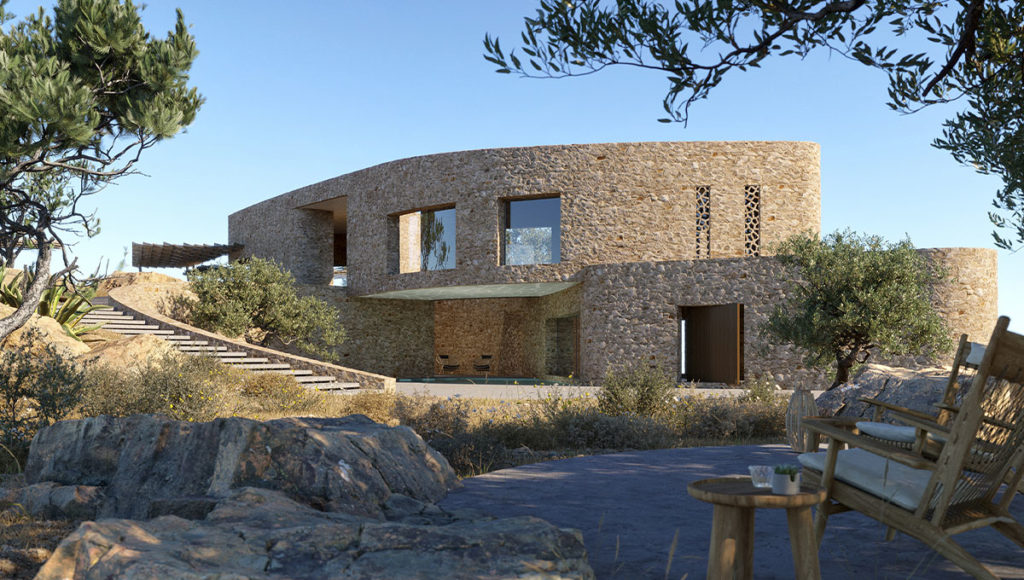 Petrothalassa Villas outside sitting lounge area and stairs to villa entrance