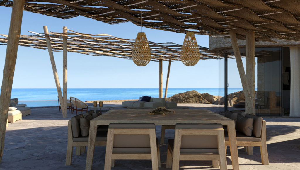 Petrothalassa Villas outside pool lounge area table and chairs